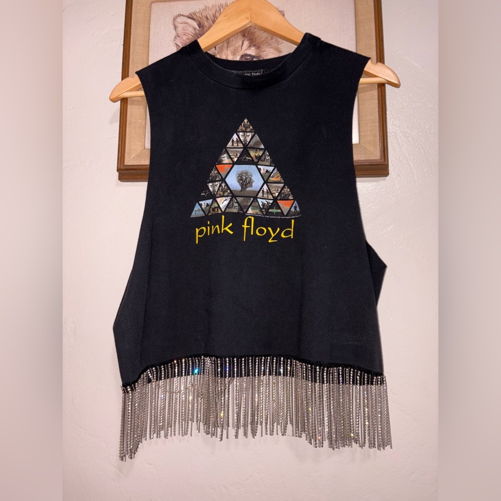 Black Pink Floyd Fringe Tank Top- HANDMADE UPCYCLE ♻️
